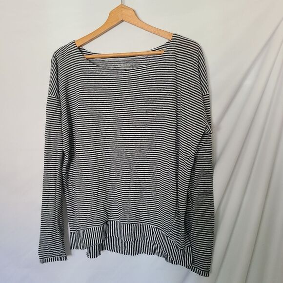 Eileen Fisher Black and White Stripe 100% Organic Linen Long Sleeve Pullover - Picture 1 of 5